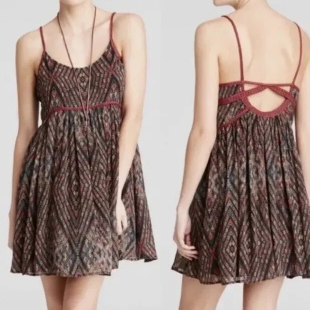 Free People‎ Periscopes In Sky Babydoll Dress Women S Keyhole Strappy Aztec Mini